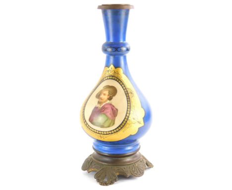 A late 19thC continental lamp base, with gilt metal mounts, the porcelain central section printed with a portrait possibly of