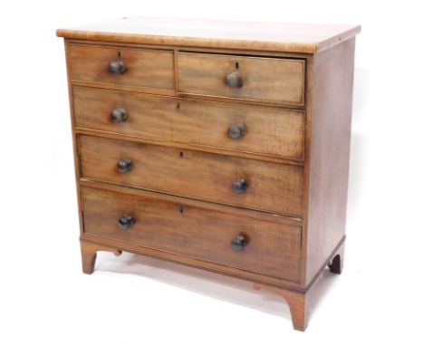 A Victorian mahogany chest of two short and three long drawers, with turned wood handles, on bracket feet, 105cm wide.