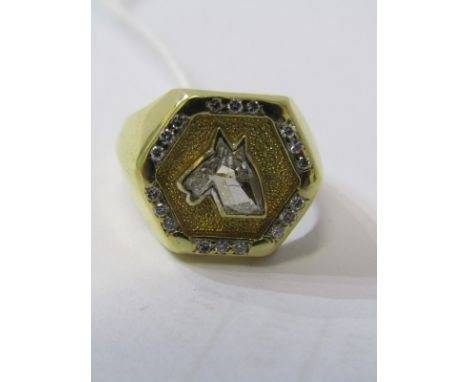 18ct YELLOW GOLD HORSE HEAD CUP DIAMOND SOLITAIRE SIGNET RING, principal diamond cut in the form of a hrose head, good colour