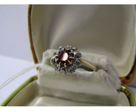 GOLD RUBY &amp; DIAMOND CLUSTER, principal round cut red stone possible ruby, surrounded by 10 well matched old cut diamonds,