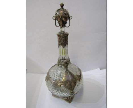 FINE VICTORIAN DECANTER, white metal mounts and stopper with cut glass body and hinged mounts, 12.5" height 