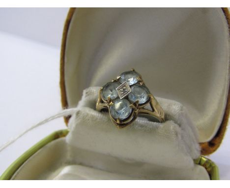 10ct YELLOW GOLD PALE BLUE TOPAZ &amp; DIAMOND RING, 4 round brilliant cut blue topaz set with single accent brilliant cut di