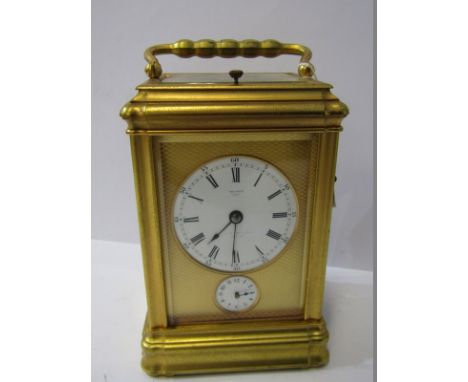 REPEATER CARRIAGE CLOCK, a fine brass cased carriage clock with inset alarm dial, bell strike and engine turned clock face su