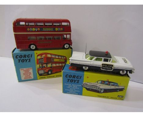 CORGI, "London Transport Routemaster Bus", model no 468 in original box and "Chevrolet Police car" model no 481 in original b