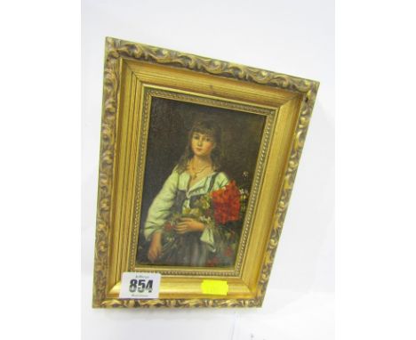 PORTRAIT, indistinctly signed oil on board, "Portrait of Young Lady with Bouquet of Flowers", 5.5" x 3.25" 