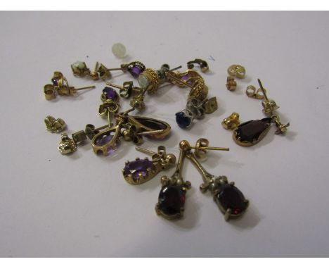 EARRINGS, mixed lot of gold, yellow metal and silver earrings, including opal, amethyst, garnet, etc 