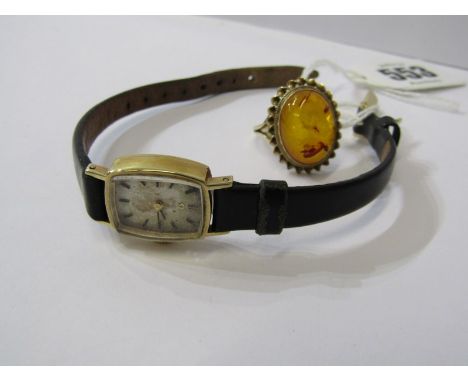 9ct GOLD ITEMS INCLUDING, 9ct gold cased ladies wrist watch by Omega and 9ct yellow gold amber ring 