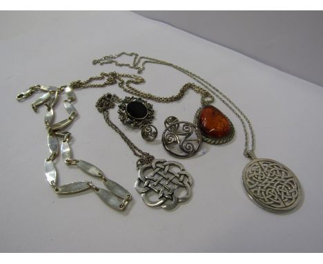 SILVER ITEMS, mixed lot of silver items including celtic knotwork pendant, silver necklaces, amber necklace, etc 