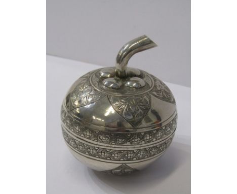 CONTINENTAL SILVER APPLE FORM CADDY, twin section caddy with engraved foliate decoration, 3.5" high, unmarked 