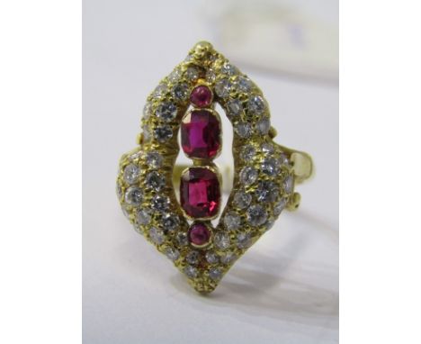 18ct YELLOW GOLD RUBY &amp; DIAMOND COCKTAIL RING, unusual Art Nouveau design ruby &amp; daimond cocktail ring, 2 principal r