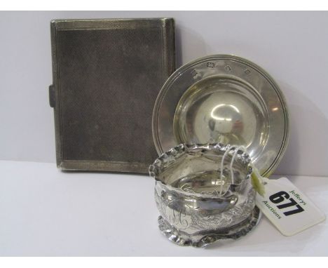 SILVER CIGARETTE CASE, of bow form with engine turned decoration and a small silver pin dish and napkin ring, just under 5ozs