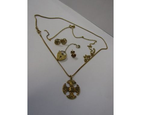 9ct GOLD ITEMS including padlock Celtic style cross, Celtic earring, etc, approx 11.1 grams combined 