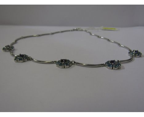 14ct WHITE GOLD AQUAMARINE &amp; AMETHYST FLOWER DESIGN NECKLACE, 14ct white gold articultated bars holding 5 aquamarine &amp