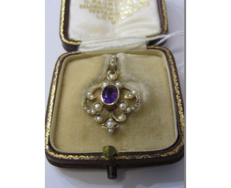 ART NOUVEAU GOLD AMETHYST &amp; SEED PEARL BROOCH in fitted box by C Packer &amp; Co, Regents Street, London 