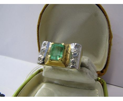 18ct YELLOW GOLD EMERALD &amp; DIAMOND ART DECO STYLE RING, principal emerald cut emerald approx 3ct with accent transistiona