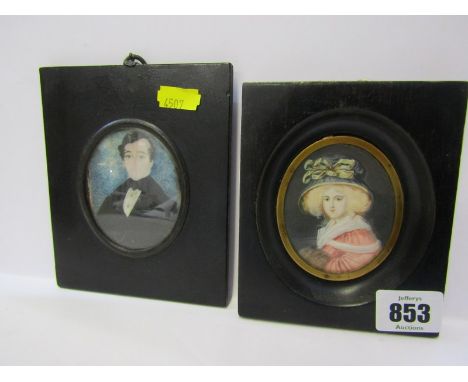MINIATURE PORTRAITS, antique oval portrait "Young Man", together with replica portrait miniature "Young Lady with Ribboned Ha