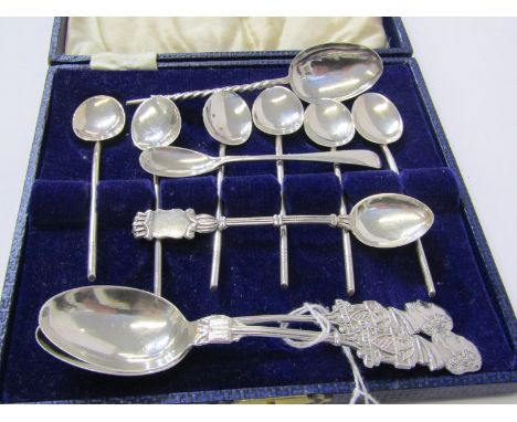 SILVER SPOONS, set of 6 Art Deco silver spoons, Birmingham HM, together with pair of silver teaspoons with portrait finials, 