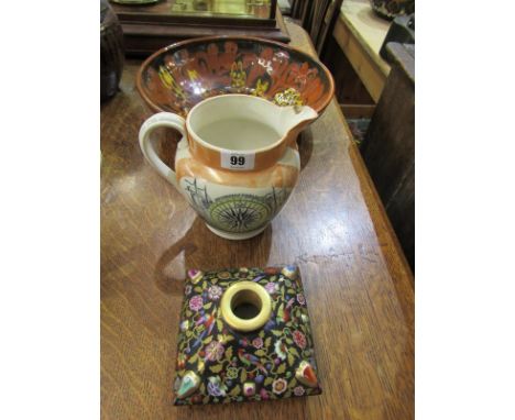 MARINERS COMPASS LUSTRE JUG, (rim chip), also French porcelain gilded and bird decorated perfume flask base marked Dart Palai