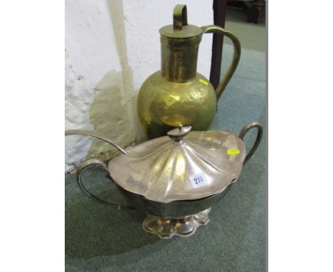 SILVER PLATE, Neo-classical plated pedestal oval tureen and ladle, also brass lidded pitcher 