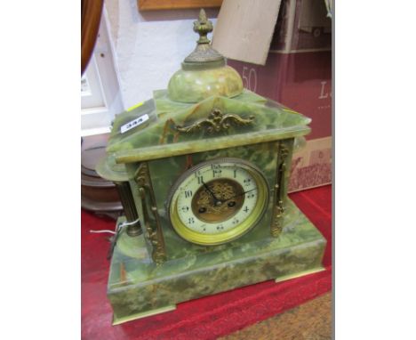 MANTEL CLOCK, green onyx architectural design domed top mantel clock 