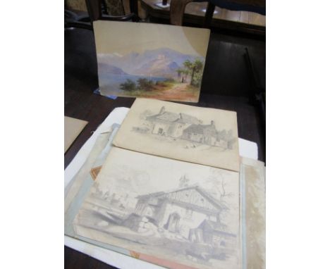 FOLDER OF MID 19th CENTURY WATERCOLOURS &amp; DRAWINGS, including studies of Bishop Snympton Church, including architectural 