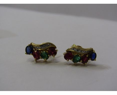 PAIR OF 18ct YELLOW GOLD MULTI STONE EARRINGS, set with emerald, ruby, sapphire and diamond on butterfly backs 