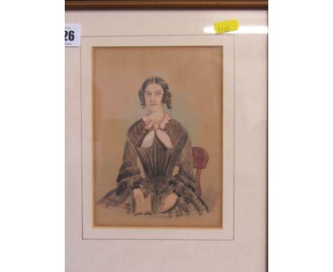 19th CENTURY PORTRAIT, naive watercolour "Seated Lady with Book", 7" x 5" 
