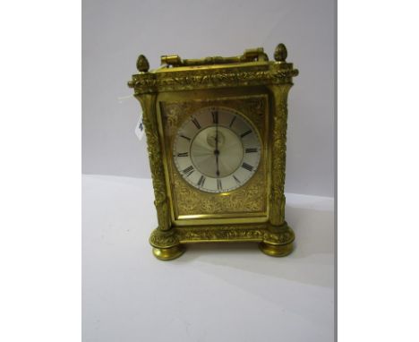 VINER, a fine mid 19th Century fusee movement mantel clock, styled as a carriage clock, intricate carved gilt brass casing of