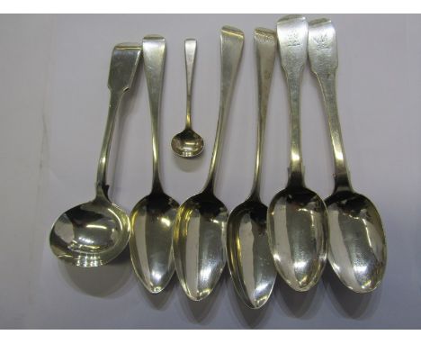 SCOTTISH SILVER TABLE SPOONS, 2 Georgian fiddle patterned table spoons 1817 &amp; 1822, also 3 Georgian English spoons, Victo