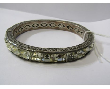 VINTAGE SILVER CLEAR STONE SET HINGED BANGLE 