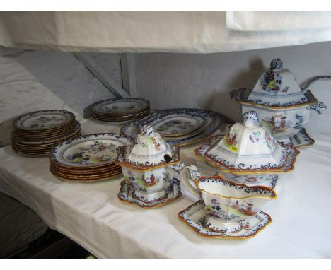 IRONSTONE DINNERWARE, Ashworth "Chinoiserie" pattern dinnerware of 3 graduated tureens, sauce boat, stand and graduated plate