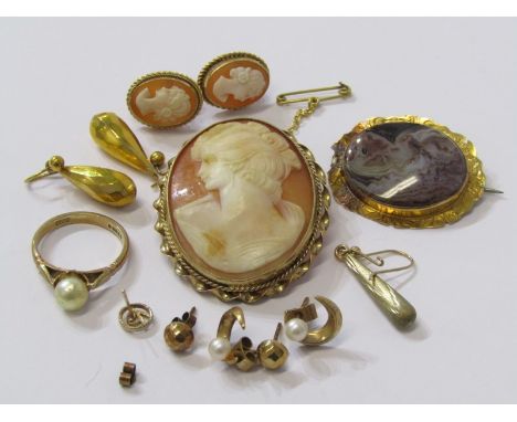 GOLD &amp; YELLOW METAL ITEMS including gold earrings, pearl set ring, yellow metal brooch, etc 