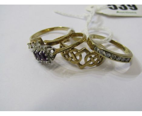 9ct GOLD RINGS, 4 9ct gold rings including amethyst, celtic and chanel set diamond 