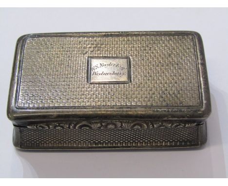 WILLIAM IV SILVER SNUFF BOX, of rectangular form with engine turned decoration to body and silver gilt interior inscribed W S