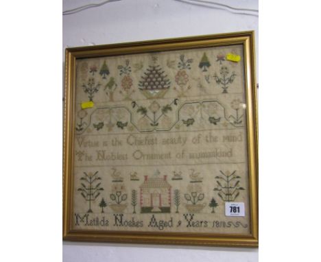 REGENCY NEEDLEWORK SAMPLER, "Matilda Noakes, Age 9 Years", 1810, 12.5" square 