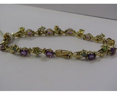 9ct YELLOW GOLD MULTI STONE BRACELET, including amethyst, topaz, citrine and peridot stones 