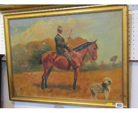 EQUESTRIAN, monogrammed oil on canvas "Portrait of Horse with Rider and Dog", 15" x 21" 