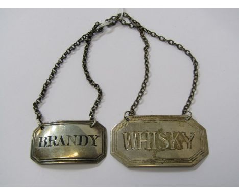 2 SILVER DECANTER LABELS, 1 Brandy, 1 Whiskey (Brandy being vintage silver, Whisky modern silver) 