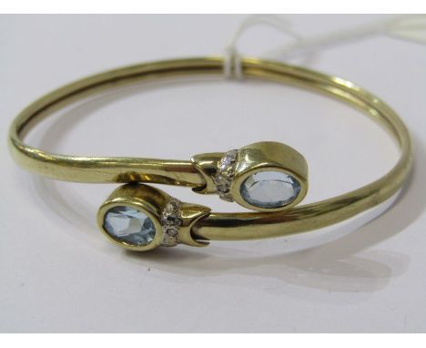 9ct YELLOW GOLD BLUE TOPAZ &amp; DIAMOND SPRUNG BANGLE 