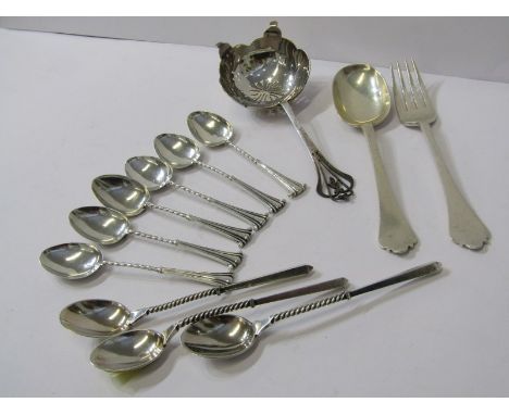 SILVER TEA STRAINER, with pierced bowl, Birmingham HM, a silver knife and fork, makers EWF London, also 9 assorted barley twi