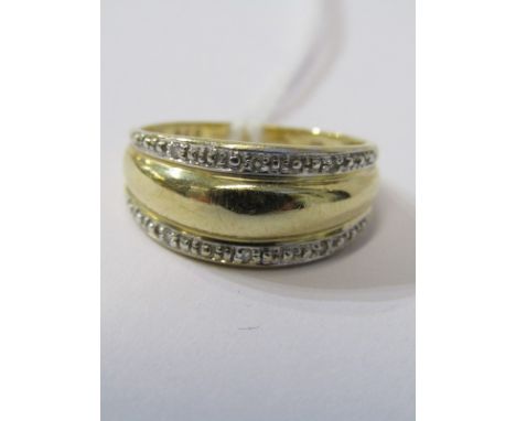 9ct YELLOW GOLD &amp; DIAMOND COFFEE BEAN DESIGN RING, yellow gold ring set with 2 bands of accent brilliant cut diamonds 