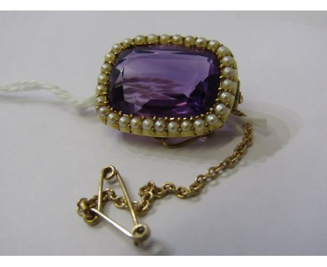YELLOW METAL AMETHYST &amp; PEARL BROOCH with safety chain 