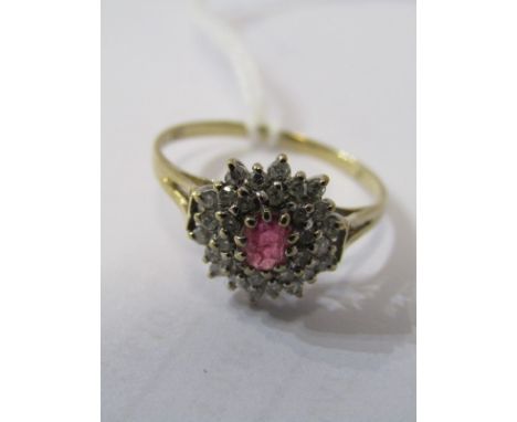 9ct YELLOW GOLD RUBY &amp; DIAMOND CLUSTER RING, principal oval cut ruby surrounded by brilliant cut diamonds, size N/O 