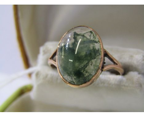 VINTAGE 9ct ROSE GOLD MOSS AGATE RING, large cabochon cut Moss agate set in rose gold, size N/O 