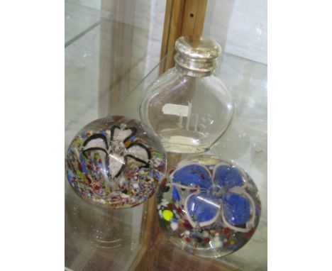 PAPERWEIGHTS, 2 glass domed paperweights, together with etched glass holy water decanter 