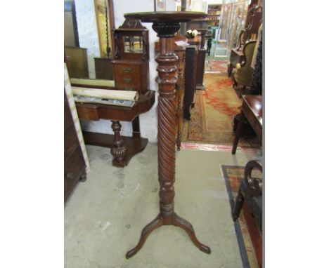ANTIQUE TORCHERE, mahogany tripod base writhen pillar torchere 
