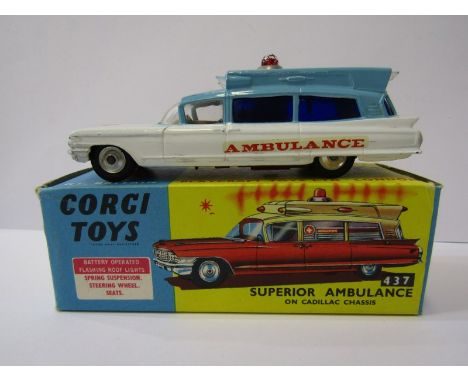 CORGI, "Superior Ambulance" model no 437, light blue over white body, in original box 