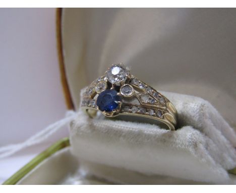 18ct YELLOW GOLD SAPPHIRE &amp; DIAMOND RING, unusual design split shank set with old cut diamond approx 0.32ct and matching 