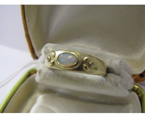 9ct YELLOW GOLD OPAL &amp; DIAMOND BAND RING, principal oval cut opal set with accent brilliant cut diamond to each shoulder,