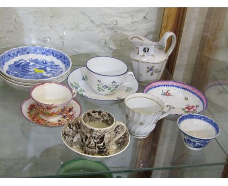 REGENCY GILT SPRIG DECORATED CREAM JUG, a/f, Worcester spiral fluted tea cup, Hilditch miniature cup and saucer, etc 